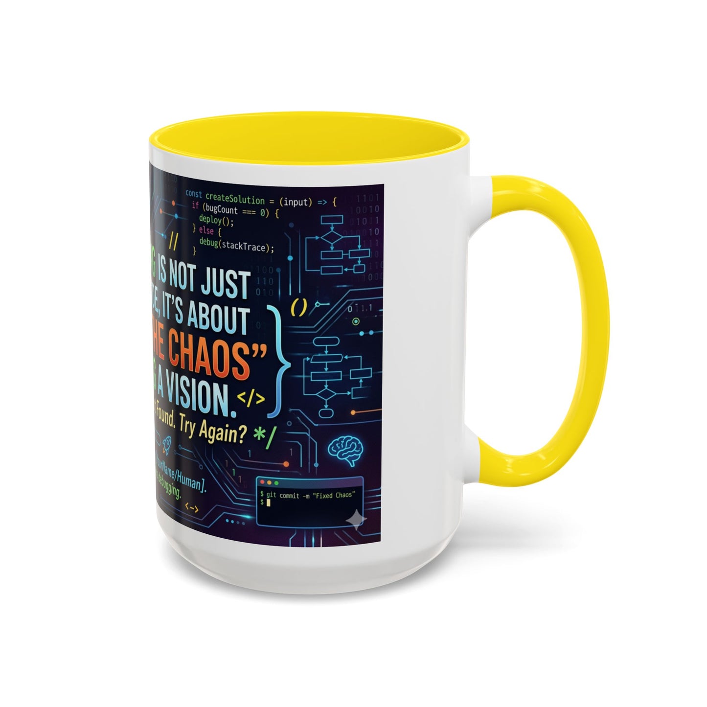Programming Quote Accent Coffee Mug — "Debugging the Chaos" Tech Humor 11/15oz