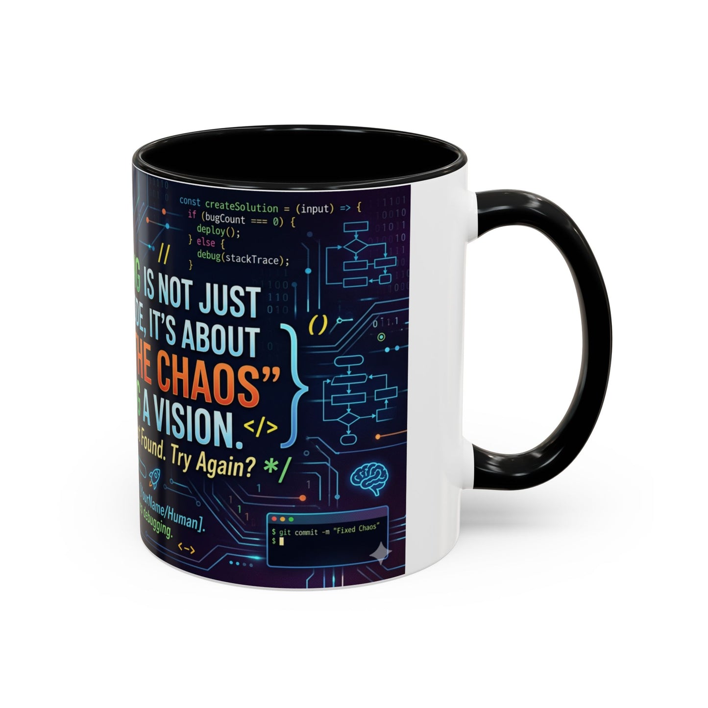 Programming Quote Accent Coffee Mug — "Debugging the Chaos" Tech Humor 11/15oz