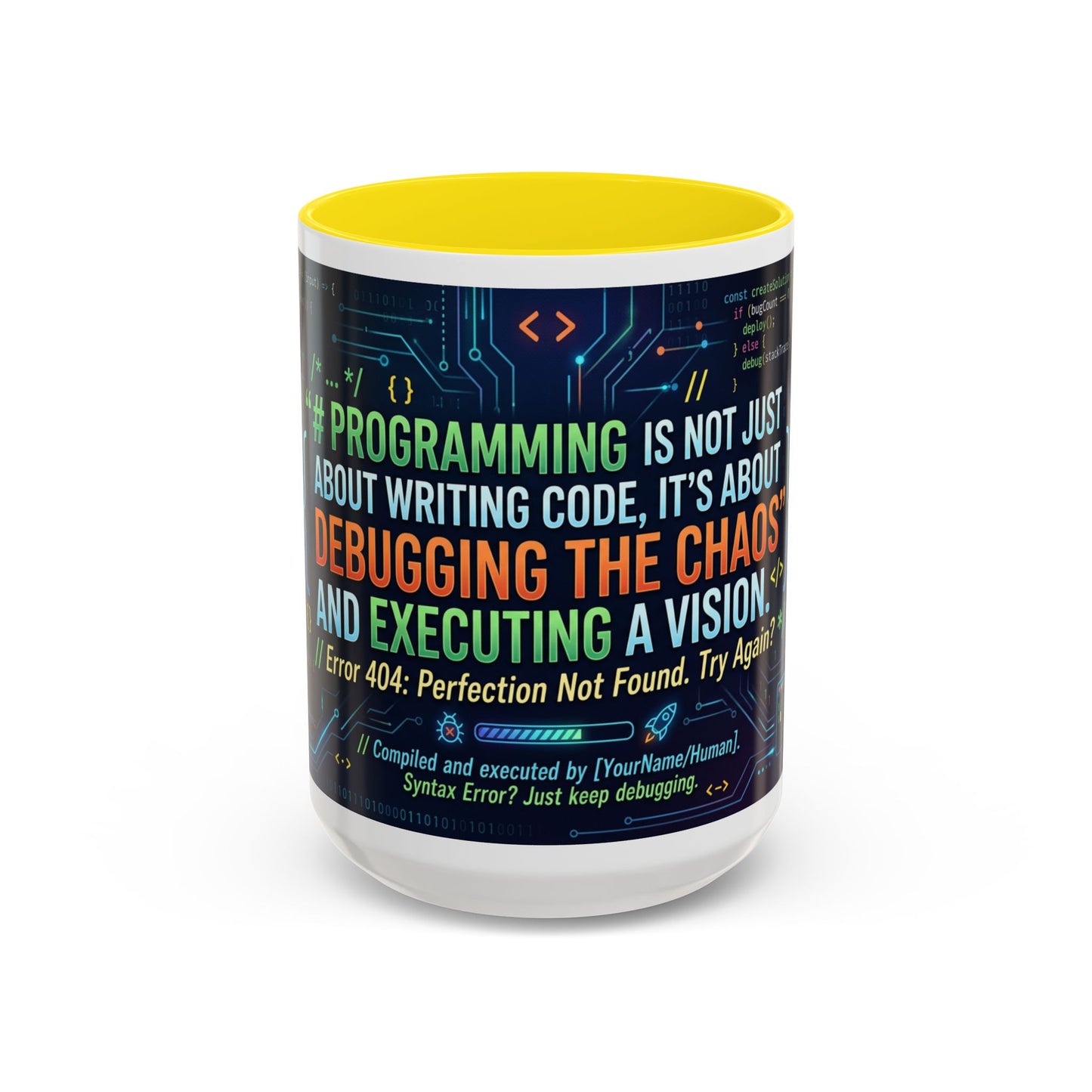 Programming Quote Accent Coffee Mug — "Debugging the Chaos" Tech Humor 11/15oz